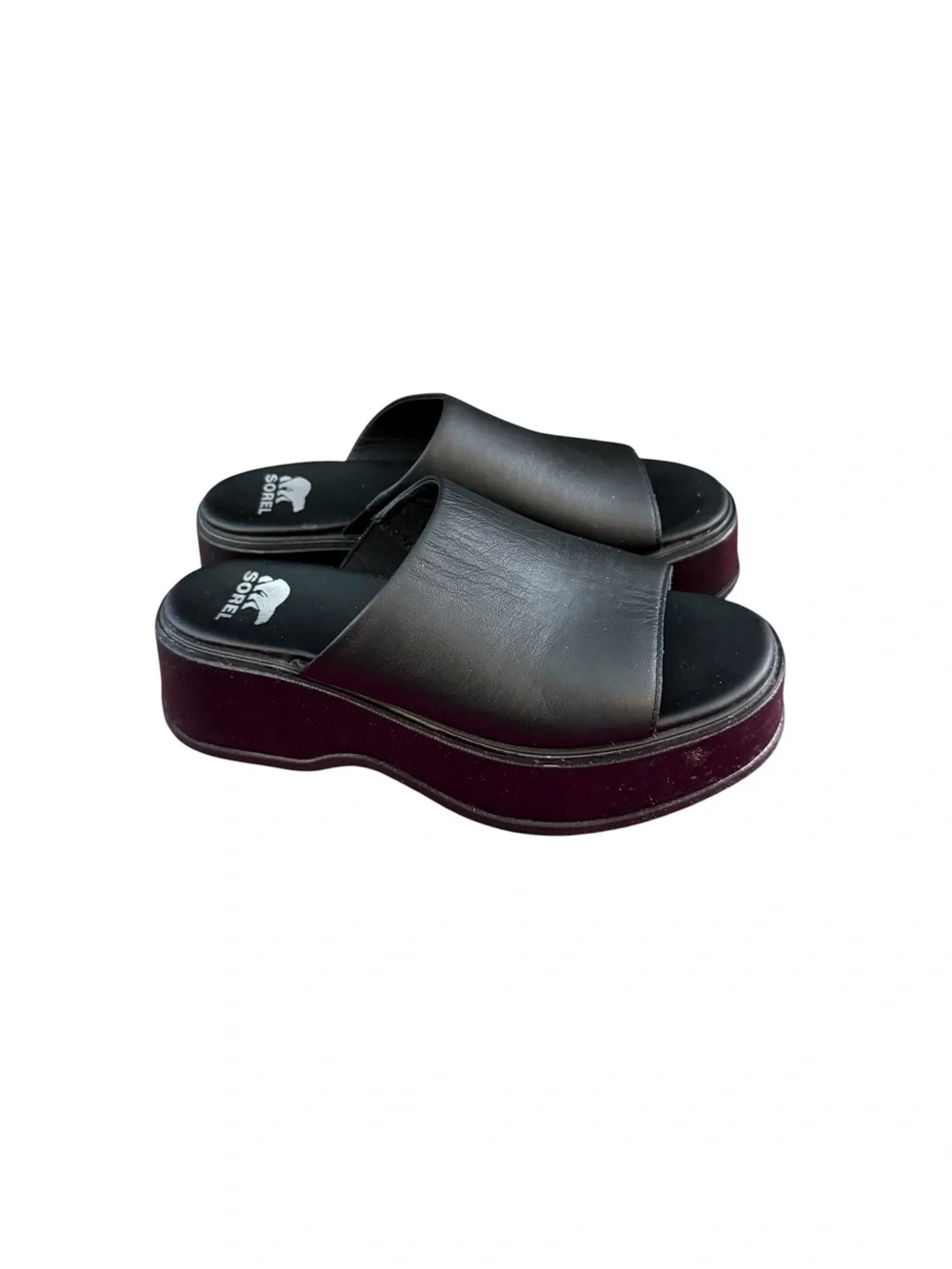 SOREL Dayspring Wedge Platform Vegan Faux Leather Open Slides Black Sandals